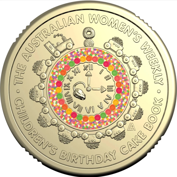 Women's Weekly Birthday Cake Cook Book Two Dollar $2 Coloured Coin Australia UNC