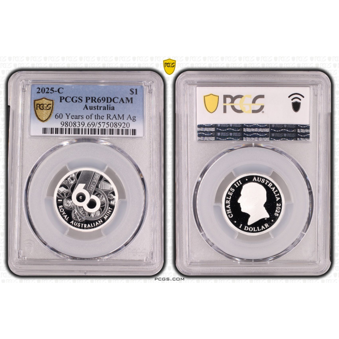 2025-C   $1   60 YEARS OF THE RAM FINE SILVER PROOF PCGS PR69DCAM