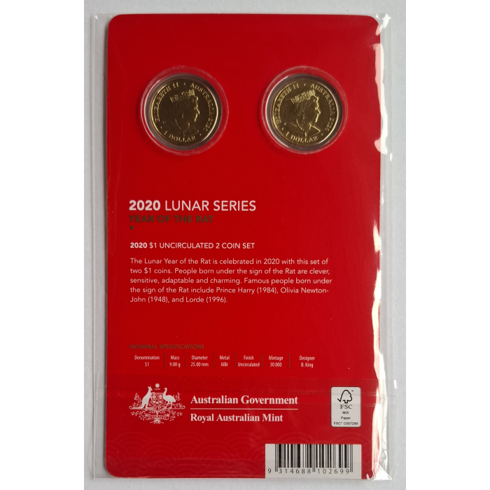 2020 $1 Lunar Series- Year Of The Rat-  two-coin set