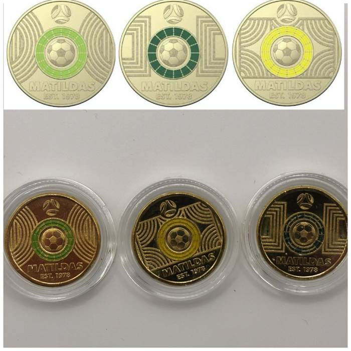 1x UNC Matildas Soccer $2 Coin Bundle (Dark Green, Green & Yellow) - In Lighthou
