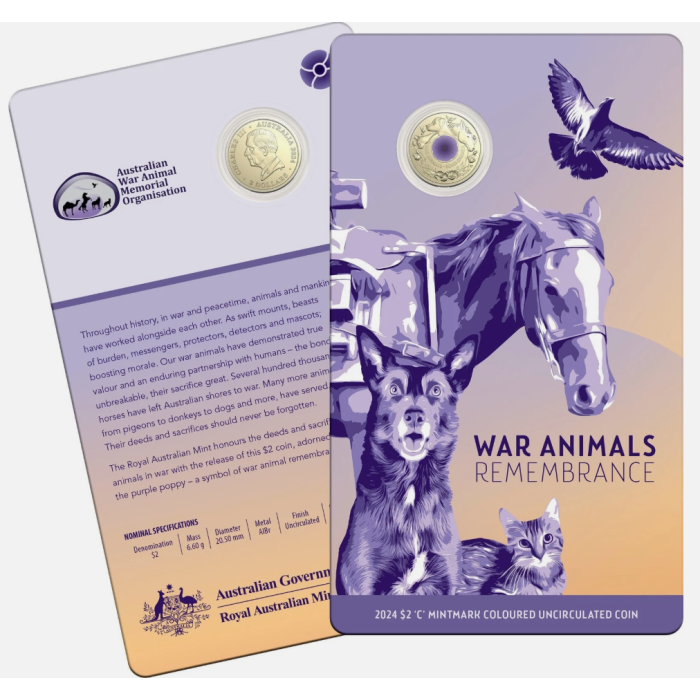 2024  $2  C MINT WAR ANIMALS REMEMBRANCE "PURPLE POPPY" CARDED COIN