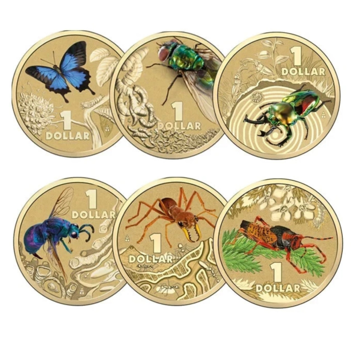 2014 Bright Bugs $1 Coloured Coins - Carded set of 6