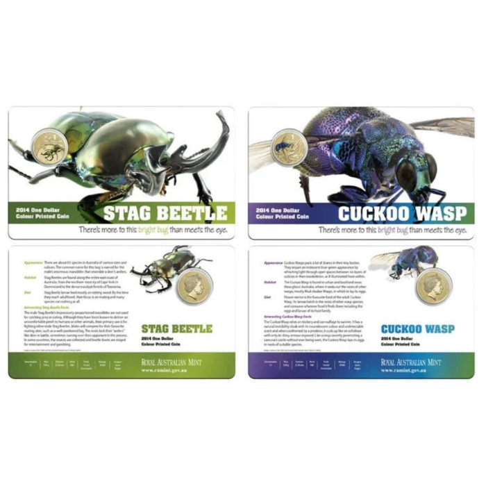 2014 Bright Bugs $1 Coloured Coins - Carded set of 6