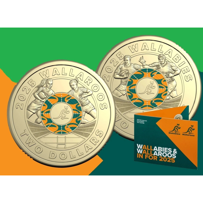 Wallabies Wallaroos 2 Coin Card Set Rugby $2 Two Dollar Wallabys Australia - UNC