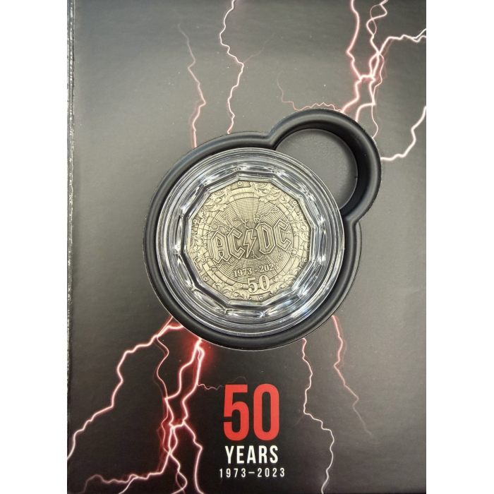 2023 50c AC/DC 50th Anniversary Silver Antiqued Coin – RAM 1973–2023