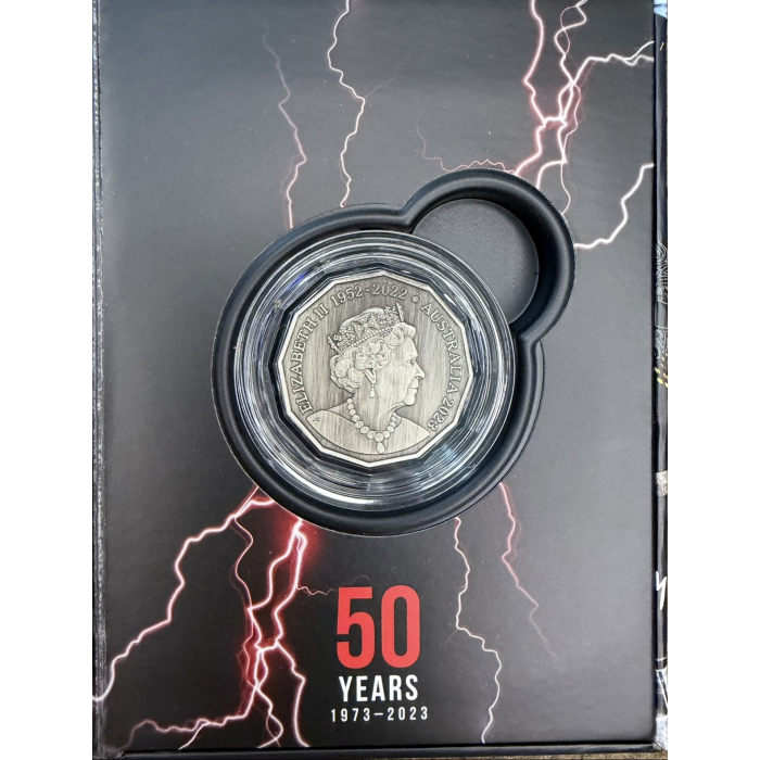 2023 50c AC/DC 50th Anniversary Silver Antiqued Coin – RAM 1973–2023