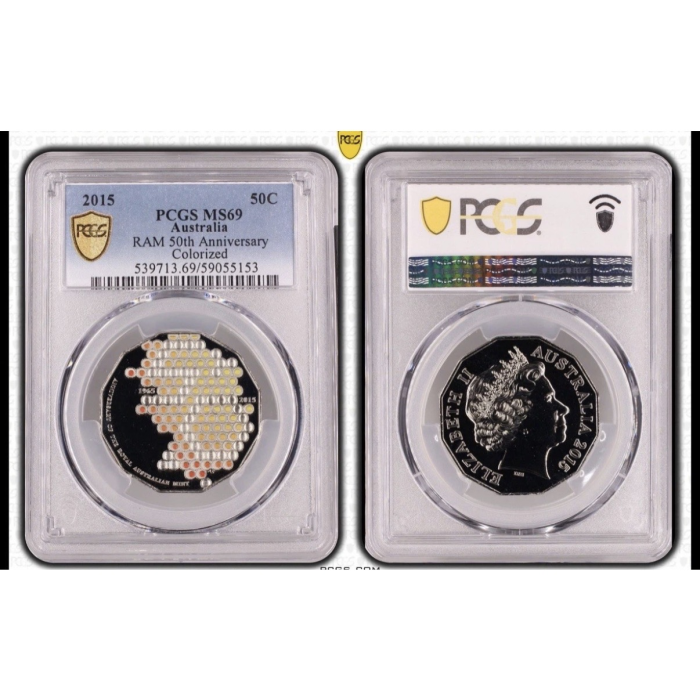 2015 50C Australia RAM 50th Anniversary Coloured 50c Coin PCGS MS69